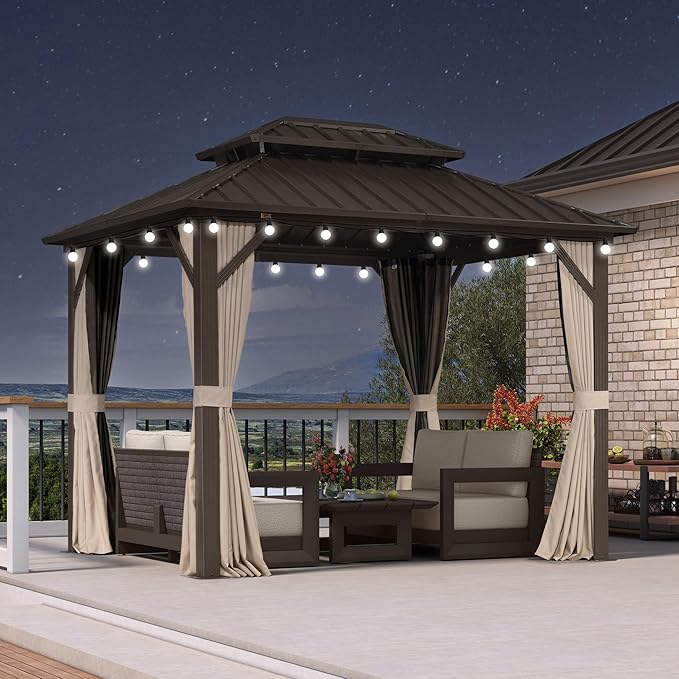 PURPLE LEAF 8’ X 10' Hardtop Gazebo Outdoor Gazebos Metal Frame Galvanized Steel Double Roof with Curtains and Nettings for Patio Desk Backyard Bronze