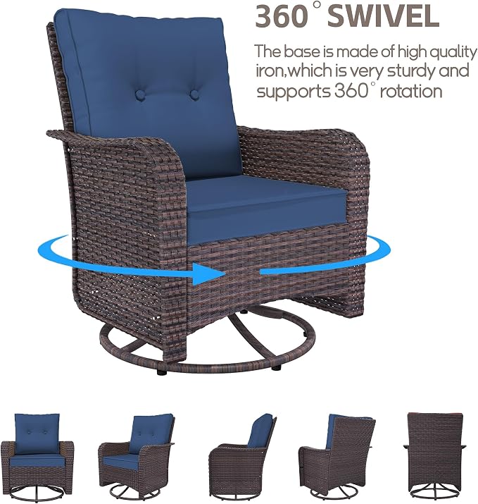 Patio Furniture Set with Fire Pit Table 11 Pieces Wide PE Rattan Patio Conversation Set,Swivel Chair Sofa Set Outdoor Sectional Furniture w/43in 55000 BTU Propane Fire Pit Table,NavyBlue