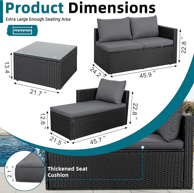 SUNLEI Patio Furniture Set with Detachable Soft Cushions, Outdoor PE Rattan Patio Conversation Sofa Set, 3-Piece Patio Sectional Sofa with Glass Coffee Table, Black Rattan/Royal Grey