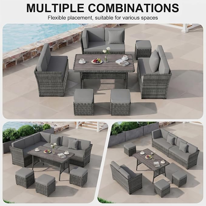LOUVIXA 7 Pieces Patio Furniture Set, Outdoor Patio Furniture, Wicker Conversation Set with Dining Table, Chairs and Ottoman (Rustic Grey-Light Grey Cushion)