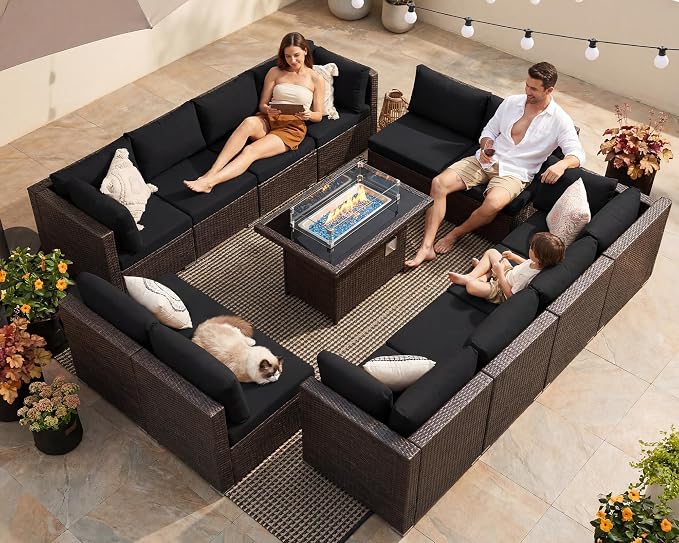 BULEXYARD 13 Piece High Back Wicker Patio Furniture Sets with Fire Pit, Elegant Oversized Outdoor Seating Set Modular, Comfy Extra Deep Wide 12-Person Sectional Couch Sofa for Backyard, Brown & Black