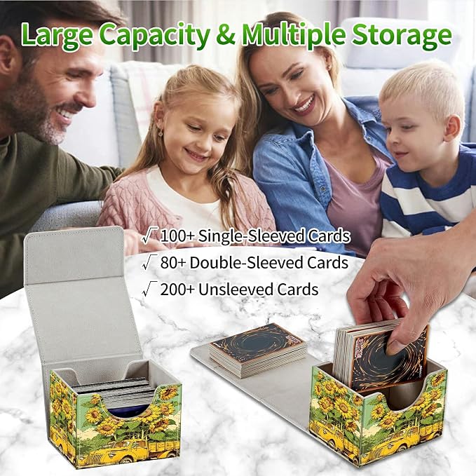 Card Deck Box for MTG, Cards Storage Box Fits 120+ Sleeved, Leather Small Size Strong Magnetic Closing Card Case for Board Games Magic TCG CCG Baseball Collection, Sunflower Truck