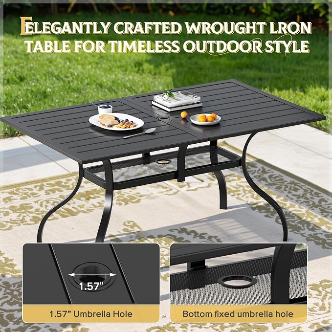 SUNCROWN 8-Piece Outdoor Dining Set, All Weather Patio Furniture Sets with 6 Black Swivel Textilene Mesh Chairs & Rectangular Metal Table & 1 Light Blue 9Ft Umbrella for Garden Backyard Poolside