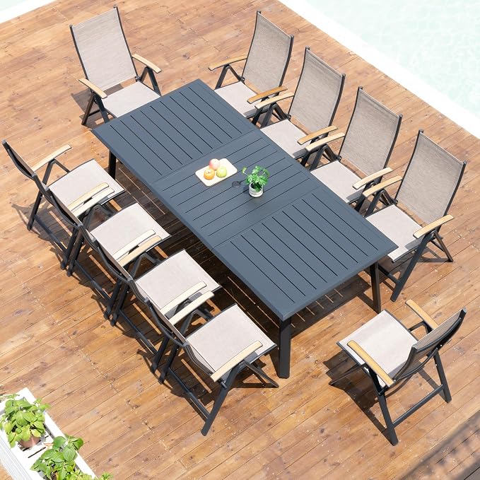 Pellebant 11 Pieces Aluminum Patio Table and Chairs Set - 94" Rectangular Table and Foldable Chair Outdoor Dining Set with Umbrella Hole, Weather Resistant Sturdy Frame for Deck, Porch & Backyard