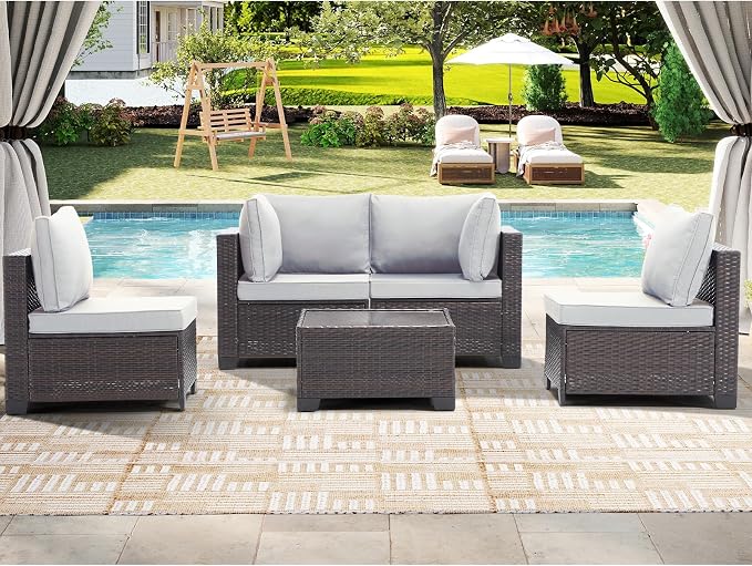 CANMOV 5 Pieces Patio Furniture Sets, All Weather Outdoor Patio Conversation Set, Wicker Sectional Rattan Sofa Couch with Glass Coffee Table and Washable Cushions for Backyard Garden, Porch,Light Grey