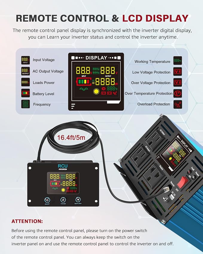2000 Watt Inverter Pure Sine Wave DC 24V to AC 120V Power Inverters, Car Inverter Solar Power Inverters for Vehicles Home with LCD Display and 2.4A USB Charging Ports,with 3 AC Charger Outlets