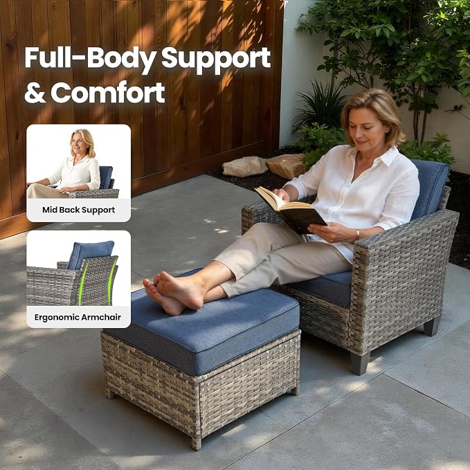 7 Piece Wicker Patio Furniture Set with Firepit Table, Denim Blue | Outdoor Deep Seating Sofa Chair Ottoman, Firepit, Solar Lights Table, Modern Conversation Set, Porch Deck Backyard