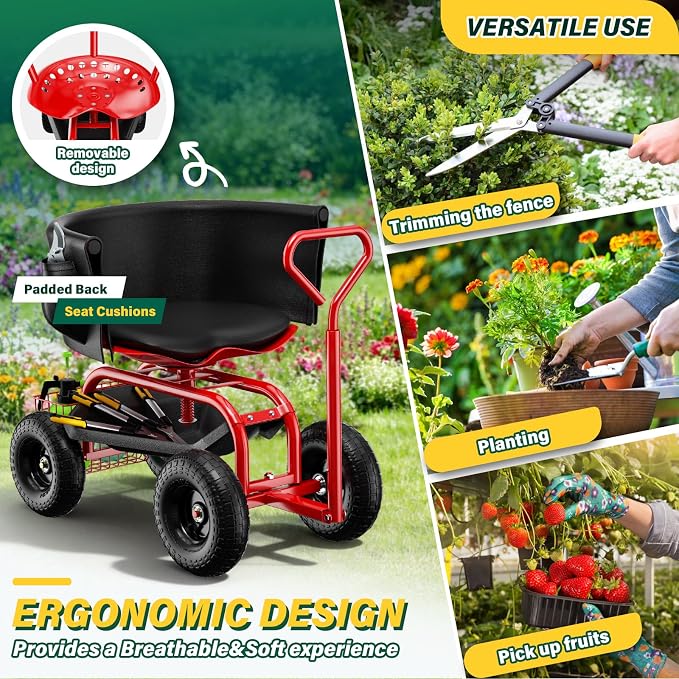 Baotree Garden Seat with Wheels, Rolling Garden Stool with Adjustable 360°Swivel Seat, Storage Basket & Extendable Handle, Outdoor Gardening Scooter, Garden Cart Workseat Stools for Seniors