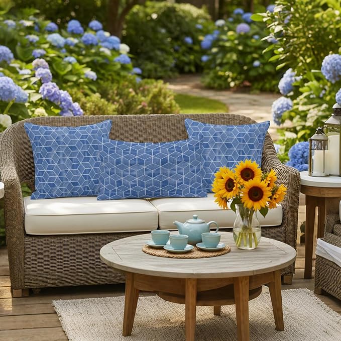 Blue Honeycomb Tiling Waterproof Outdoor Pillow Covers Set of 2 Home Decor, Wooden Grain Blocks Lumbar Pillowcase Patio Pillow Covers for Couch Bench Patio Furniture Garden 20x12in