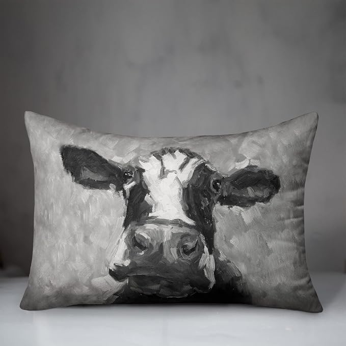 Gray Painted Cow Indoor/Outdoor Pillow | Decorative Pillows for Living Room Couch Bed Sofa Patio, Fluffy Soft Cushion | Water Resistant Multi, 14x20