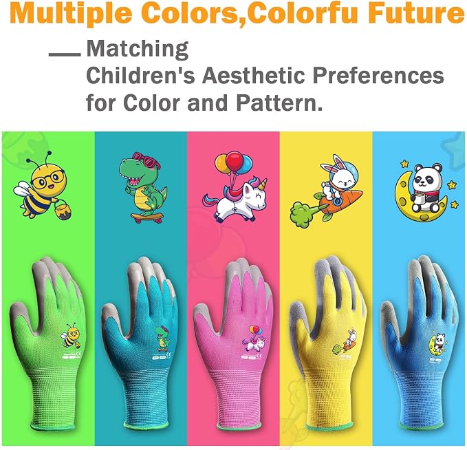 KDK 5 Pairs Kids Gardening Gloves Yard Work Gloves Children Soft Safety Rubber Coated Glove for Toddlers Youth Girls Boys Children (9-12yr L)