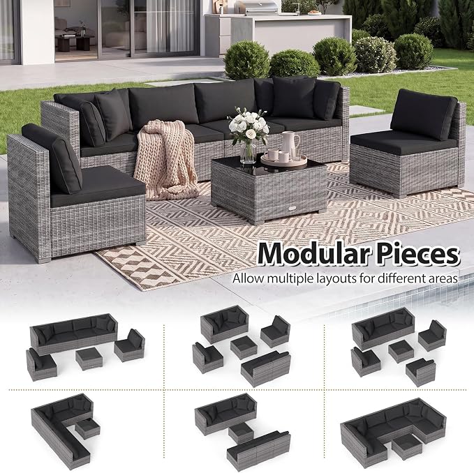 DORTALA 7 Pieces PE Rattan Patio Furniture Set, All-Weather Wicker Conversation Set W/Soft Cushions & Pillows, Coffee Table, Outdoor Sectional Sofa Set for Balcony, Poolside, Backyard, Black