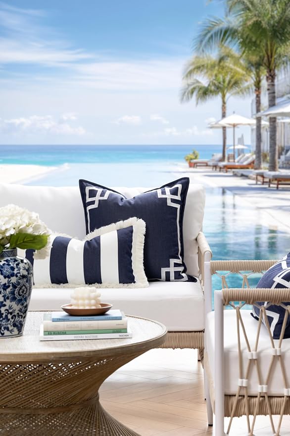 Hofdeco Premium Coastal Hampton Outdoor Performance Lumbar Pillow Cover Only, 12"x20" Water Repellent, UV and Fade Resistant for Backyard, Couch, Poolside, Indigo Blue Woven Beach Stripes