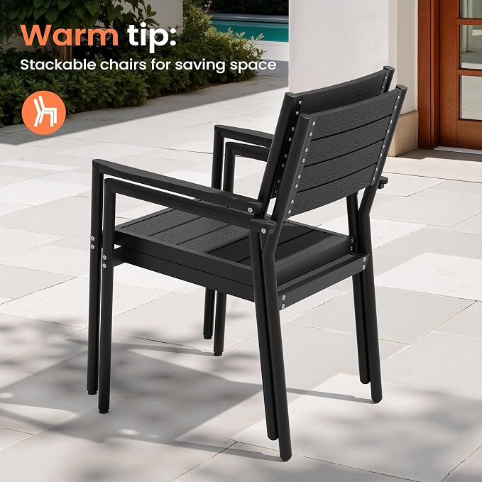 Pellebant Outdoor Dining Set for 8, 9 Pieces Aluminum Patio Table and Stackable Armrest Chairs with Umbrella Hole & Wood-Like Top, Black
