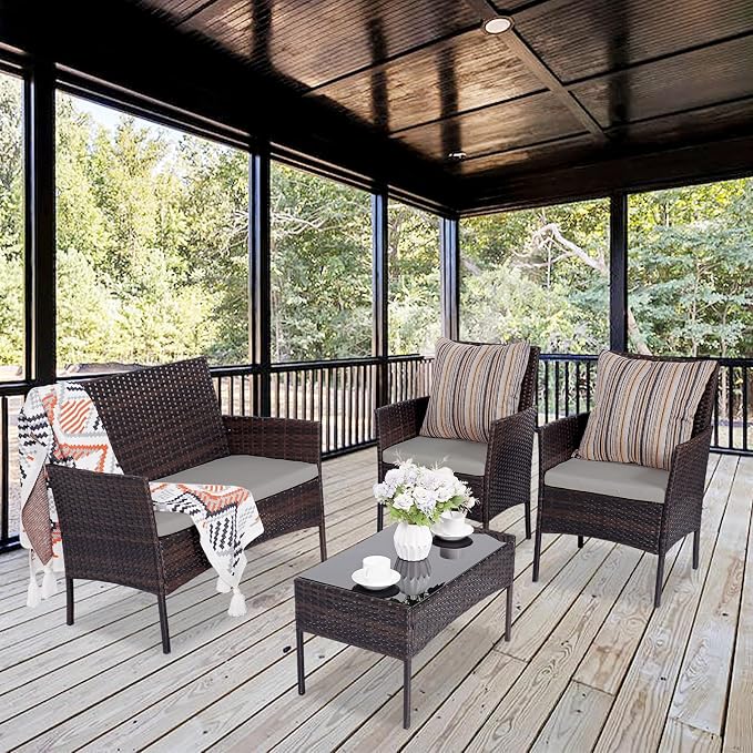 Patio Furniture Set 4 Pieces, Outdoor Rattan Furniture with Tempered Glass Coffee Table, Modern Rattan Patio Chairs Conversation Sets with Sofa for Garden, Terrace, Porch, Lawns Brown/Grey