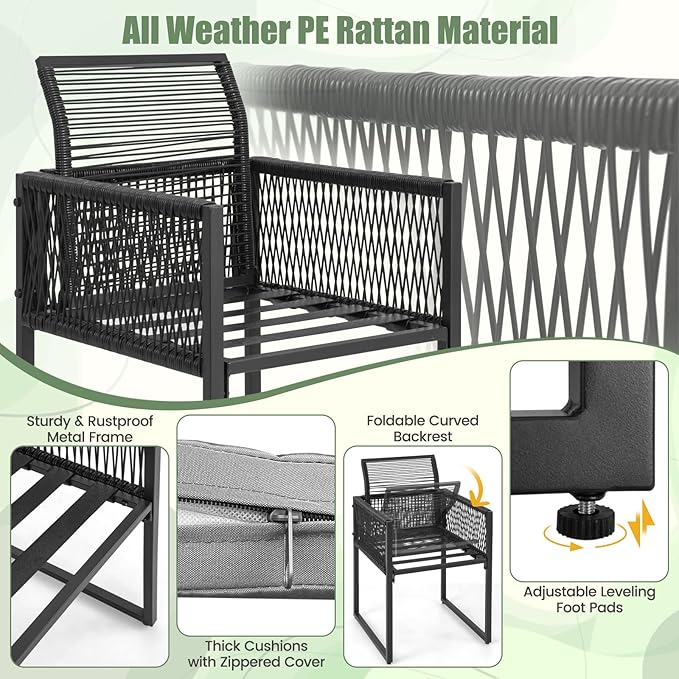 DORTALA Wicker Outdoor Bistro Set 3 Piece, Small Patio Furniture Dining Set with with Cushions, Tempered Glass Tabletop, All- Weather Table and Chairs for Backyard, Balcony, Poolside, Black+Grey