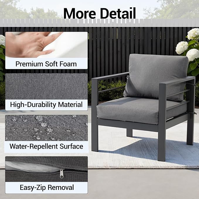 4-Piece All-Weather Metal Patio Furniture Set, Sectional Conversation Sofa w/Coffee Table, Heavy Duty Steel Frame & Washable Cushions for Backyard Garden (Grey, Furniture Set（Straight）)