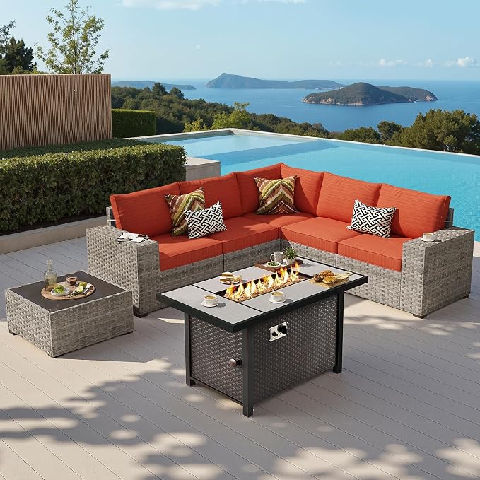 7-Piece Patio Furniture Set, Outdoor Wicker Rattan Patio Furniture Sectional Set with Coffee Table, All Weather Outdoor Fire Pit Conversation Set for Porch Backyard Balcony Garden, Orange-Red
