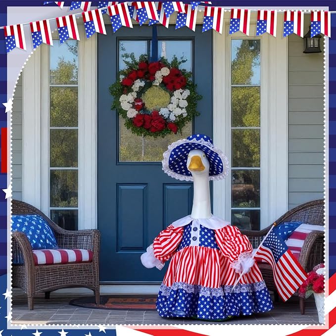 Soulchen 1 Set 4th of July Porch Goose Outfit 23 Inch Cement American Flag Patriotic Goose Dress Clothes and Hat Set for 250th Anniversary Independence Party Yard Lawn Outdoor Garden Patio Decor