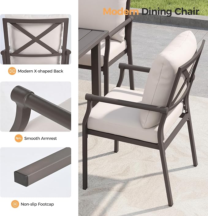 HAPPATIO Patio Dining Set, Powder-Coated Metal Outdoor Table and Chairs Set for 6,4 Chairs and 2 Swivel Rockers with Thick Cushions, 60" Rectangular Table with 1.5" Umbrella Hole for Deck Backyard