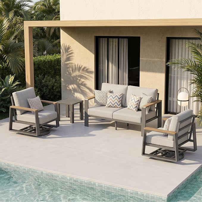 Aluminum Outdoor Patio Furniture Set, 4-Piece Patio Conversation Set with 5" Thick Cushions, Aluminum 360-Degree Large Outdoor Furntiure Set with Side Table and Loveseat, Gray