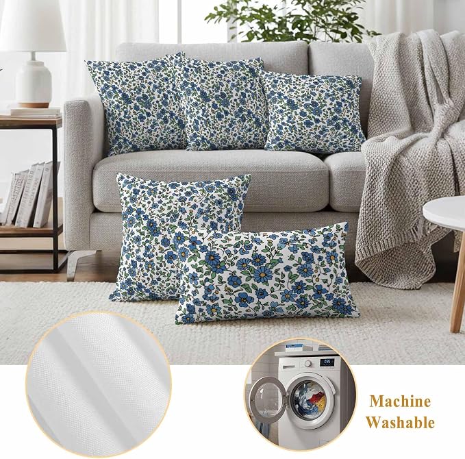 JasmineM Outdoor Pillow Cover Set of 2 Farmhouse Botanical Herbs Waterproof Throw Pillow Covers Blue White Decorative Pillowcases Garden Cushion Case for Patio Couch Sofa 18x18 Inch