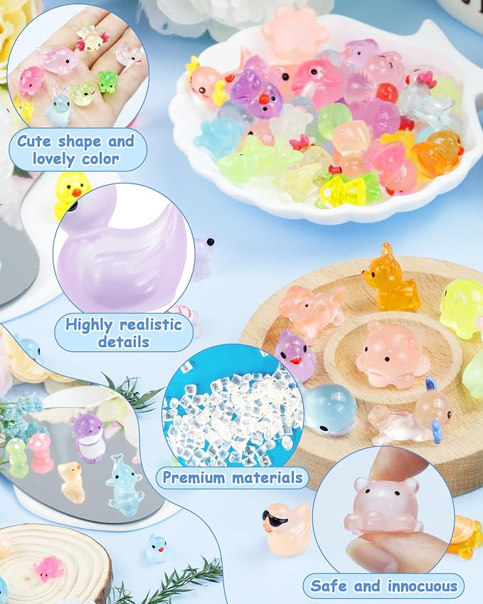FIVEIZERO Glow in The Dark Mini Ducks Bulk 100 Pcs - Luminous Tiny Resin Ducks with 8 Colors, Small Plastic Ducks for Dollhouse Decor, Fairy Garden, Aquarium, Party Favors, Hide & Seek Prank Toys