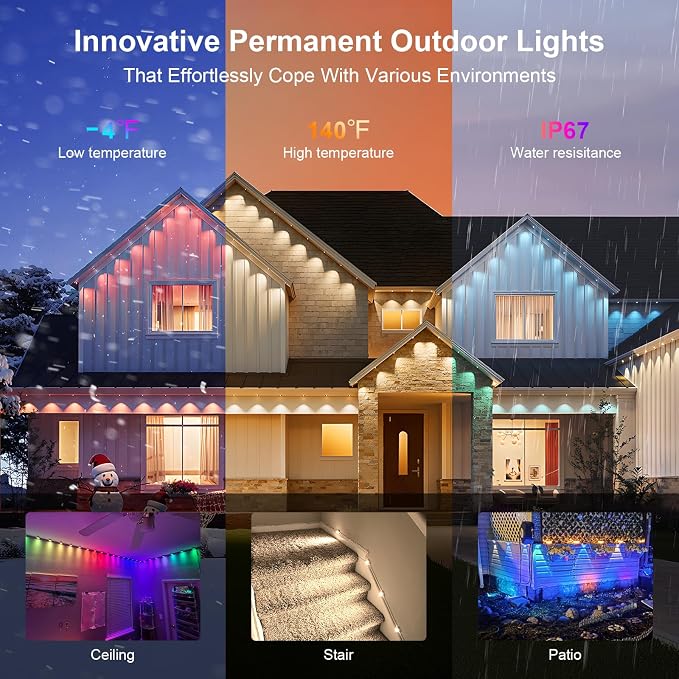 Super RGB Smart Permanent Outdoor Lights, 200FT 120LEDs Color Changing RGB IC Wall Lights, APP & Remote Control, Music Sync, Dynamic Lighting for House, Living Room, Ceiling, Eave Party Xmas Decor