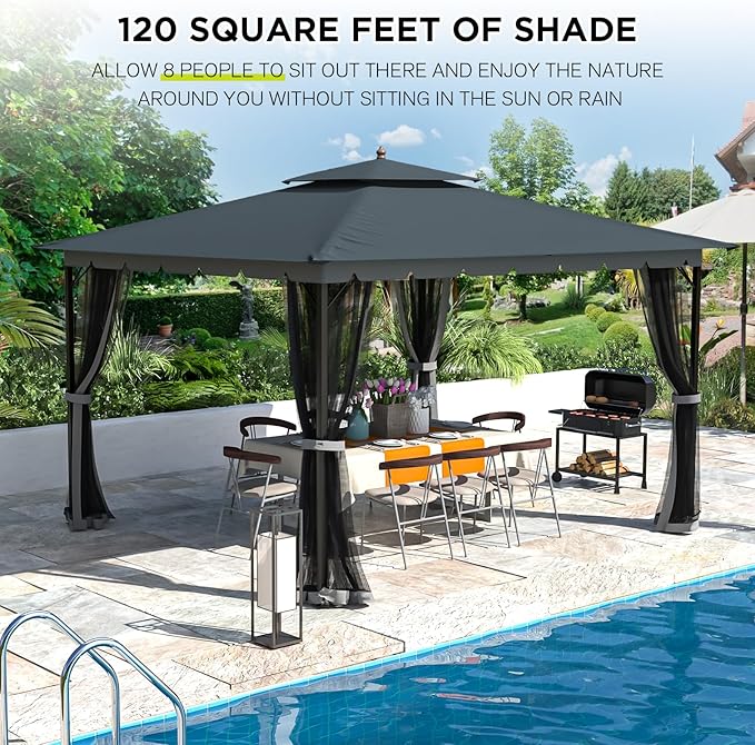 Bezseller 10x12 Outdoor Patio Gazebo with Powder-Coated Metal Frame - Stable Double-Tier Canopy with Zip Mesh Sidewalls for Backyard Dining & Entertaining, Grey