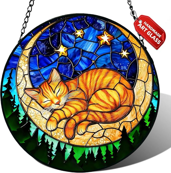 Orange Sleeping Cat Stained Glass Suncatcher Window Hanging Birthday Gifts | 7.8in Garden Sun Catcher, Cat on the Moon Starry Night Ornament for Door Home, Gift for Women Men & Mother's Day Christmas