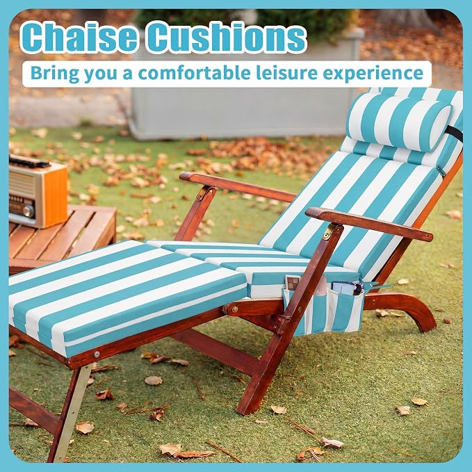 RattanView 1 Pcs Outdoor Chaise Lounge Cushion with Pillow and Side Pockets Waterproof Lounge Chair Cushion for Outdoor Furniture Patio Lounger Pad for Outside Pool Lawn (Sky Blue White,72 x 21 x 4)