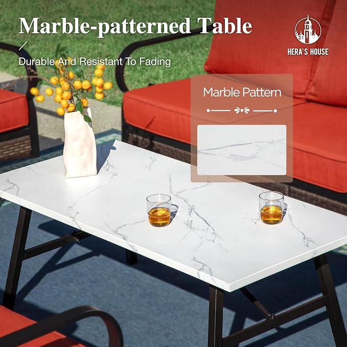 HERA'S HOUSE 4 Piece Metal Patio Furniture Set, All Weather Outdoor Conversation Set with 3 Seat Sofa, 2 Rocking Chairs & Coffee Table, Seats 5 for Backyard, Garden, Deck, Red