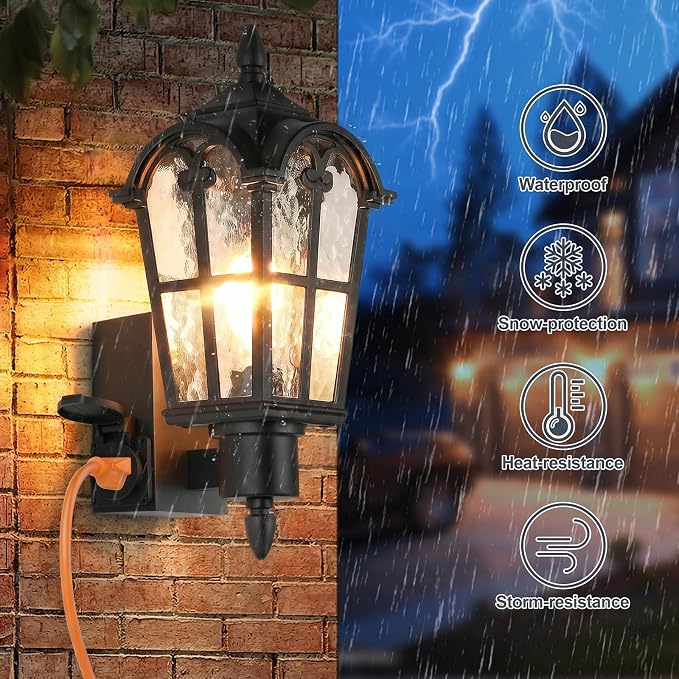 16’’ Large Outdoor Wall Lights with Outlet, Exterior Wall Lantern Sconces | Waterproof, Rust-resistant, Matte Black, Water Ripple Glass, Quick & Easy Installation, Retro & Traditional
