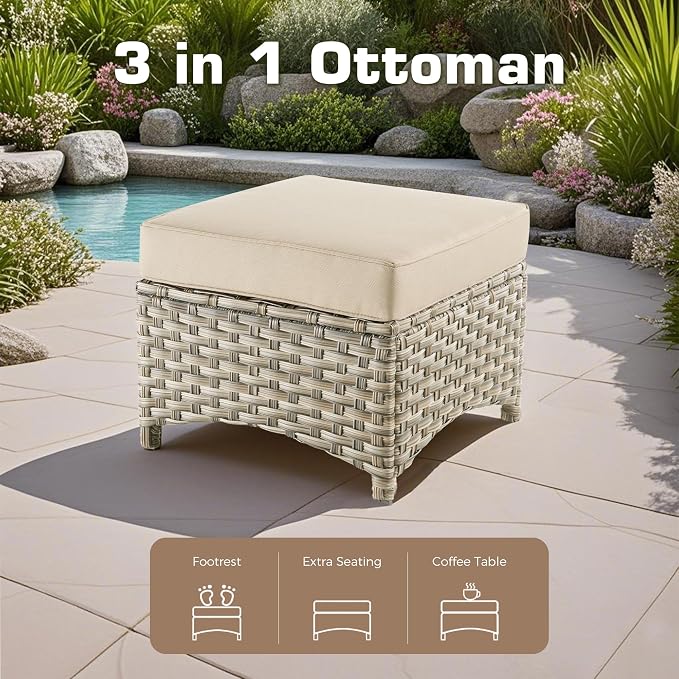 9 PCS Outdoor Patio Furniture Set with Fire Pit Table and Swivel Rocking Chairs,All Weather Wicker Rattan Patio Seating Sofa and Chair Set with Ottomans,Outdoor Conversation for Porch Deck Yard,Beige