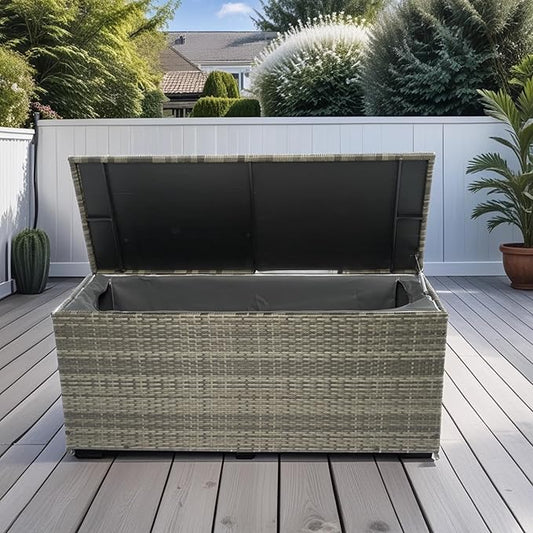 Storage Box, 113 Gallon Wicker Patio Deck Box with Lid, Outdoor Deck Box for Toys, Pillows, Garden Tools, Grey
