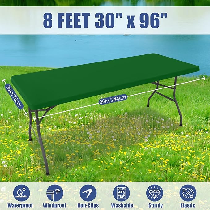 Moosfor Spandex 8 Foot Rectangle Table Cloth 2 Pack, Elastic Fitted Tablecloths for Picnic, Stretch Washable Patio Table Cover for Outdoor, Camping, Banquet and Parties (Emerald Green, 30"x96")