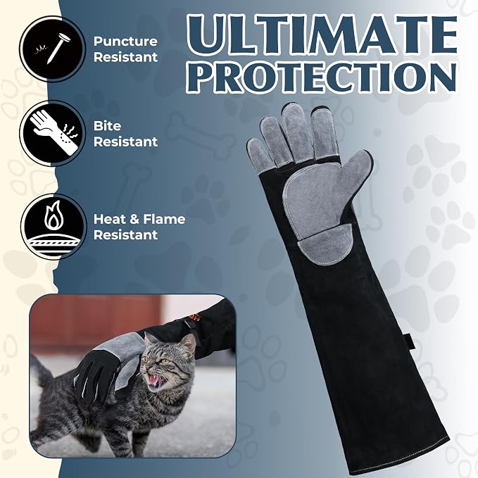 HANDLANDY Animal Handling Gloves, Bite Proof for Cat Dog Handling | Puncture & Scratch Resistant Leather Gauntlet Gloves for Dogs, Cats, Birds, Falconry, Gardening