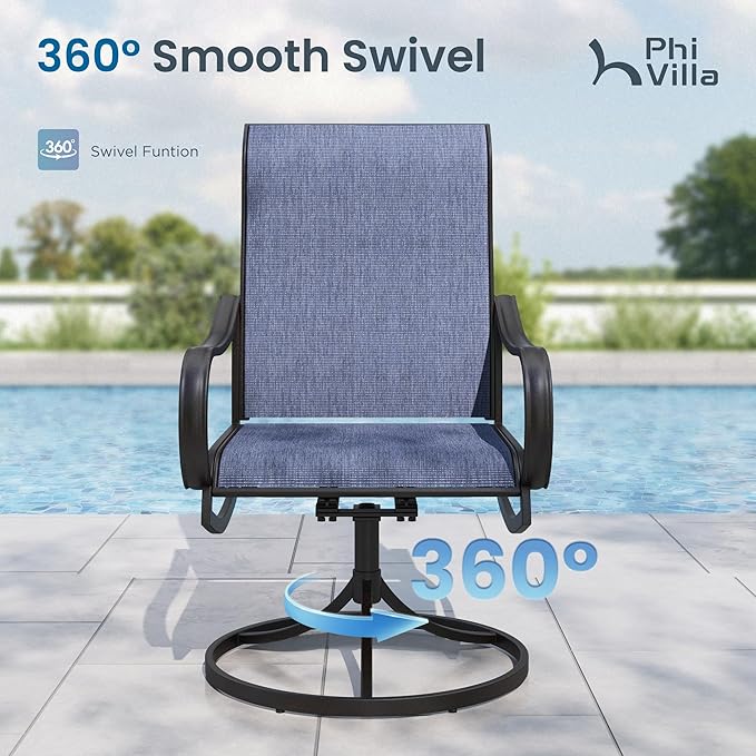 PHI VILLA 9 Piece Outdoor Dining Set, 82'' Metal Table & Blue Swivel Chairs | Textilene mesh chairs and large rectangle table. All-weather patio furniture set designed for patio, deck, backyard