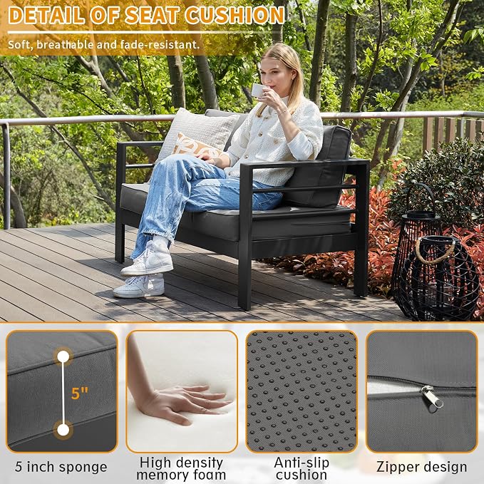 Aluminum Patio Furniture Set, Loveseat Outdoor Set with 5 Inch Cushions, Patio Loveseat Sets with Waterproof Covers for Backyard Garden(Grey)