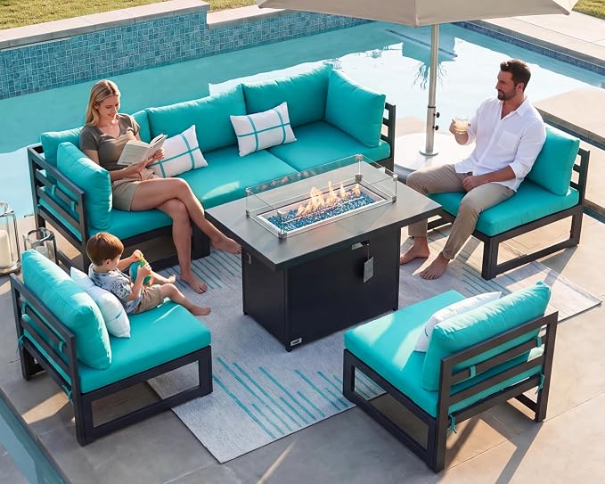 NICESOUL 7 Pcs Large Modern Aluminum Outdoor Patio Furniture Set with Fire Pit Table Propane/Gas, 29" Wide Deep Seat, Fade Resistant Sectional Sofa, 500 lbs Sturdy Backyard Conversation Set, Turquoise