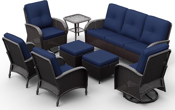Joyside Wicker Patio Furniture Set, 8 Piece Outdoor Furniture Set with Thickened Cushions, High Back, Deep Seating, Wide Armrest, Outdoor Swivel Rocker Chairs for Porch, Deck