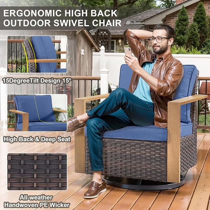 Belord Social 5 Pieces Patio Furniture Set - Swivel Rocker Glider Outdoor Chairs Set of 4 with 50000BTU Propane Fire Pit Table, Durable Wicker Outdoor Conversation Set for Casual Gathering