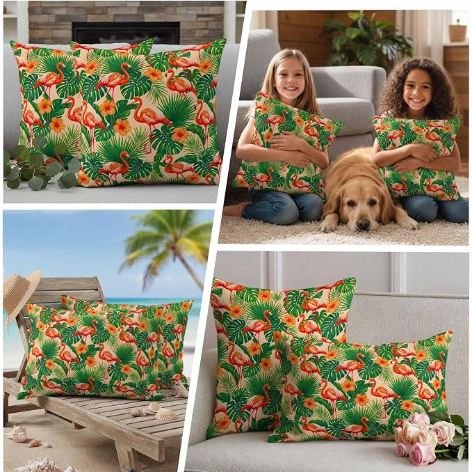 Red Flamingos Outdoor Pillow Covers 26"x26" Set of 2, Jungle Plants Hibiscus Flower Green Leaf Botanical Waterproof Throw Pillow Covers for Patio Furniture, Decorative Cushion Covers for Porch