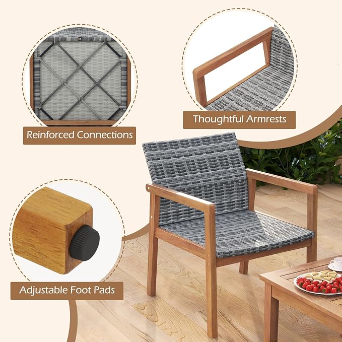 HAPPYGRILL 8-Piece Patio Furniture Set, PE Rattan Patio Bistro Set with Loveseat, Single Chairs & Coffee Table, Outdoor Acacia Wood Conversation Set for Garden, Backyard, Poolside & Porch