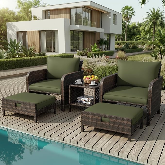 LEVELEVE Patio Conversation Set 5 Piece, Balcony Furniture Outdoor PE Rattan Wicker Lounge Chairs with Soft Cushions, 2 Ottomans & Glass Table for Porch Lawn, Brown (Army Green Cushions