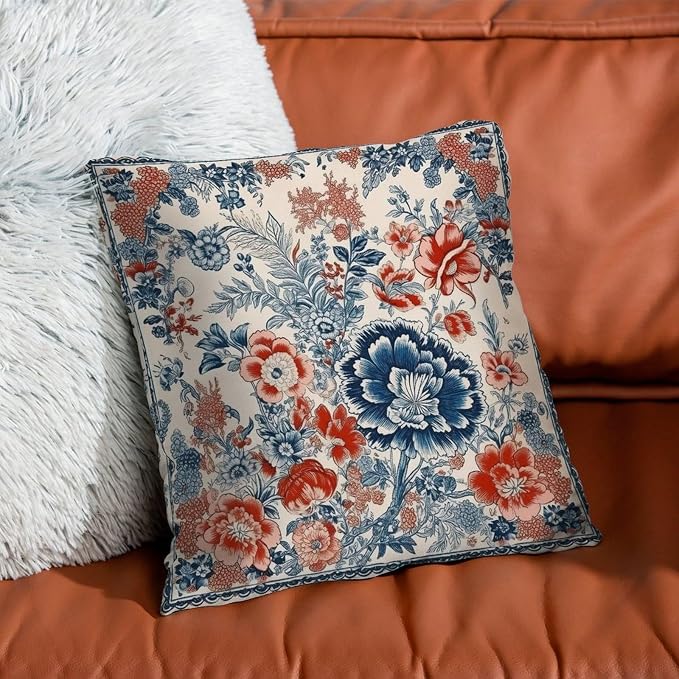 Chinoiserie Tree Peony Bird Pillowcase Floral Coral Turquoise Navy Throw Pillow Cover Retro Modern Decorative Pillow Covers for Sofa Patio Couch 24x24 in