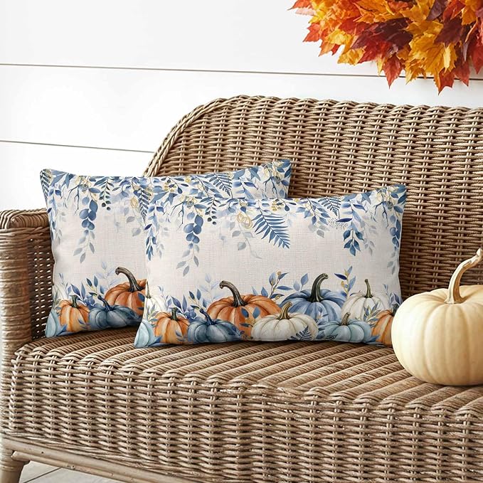 Orange Blue Fall Waterproof Outdoor Pillow Covers 20''x12'' Set of 2, Thanksgiving Eucalyptus Berry Leaves Patio Cushion Covers for Chairs, Decorative Pumpkin Beige Pillow Cases for Garden/Pool/Beach