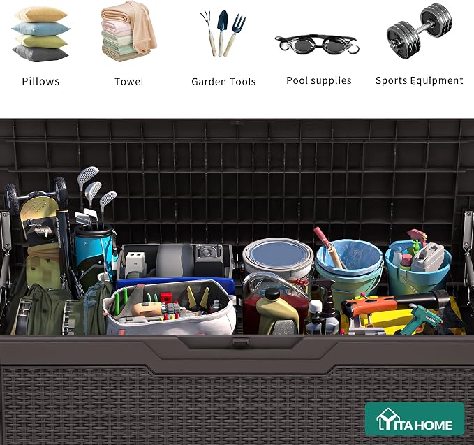 YITAHOME 80 Gallon Resin Deck Box, Weather Resistant Outdoor Rattan Storage Box, Lockable Indoor Outdoor Storage for Supplies and Essentials, Dark Brown