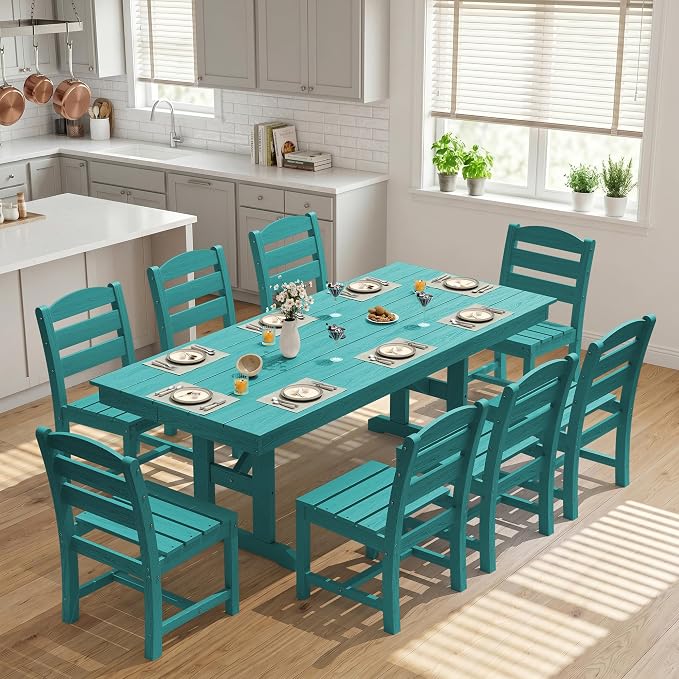 KINGYES Outdoor Dining Table,84 inch HDPE Rectangular Patio Table with Umbrella Hole，Waterproof Patio Furniture for Backyard,Aruba