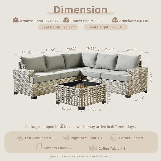 CAODOC 6 Pieces Outdoor Sectional Patio Furniture Set,Wicker Conversation Sets L Shaped Couch,Outdoor Sofa Outside Furniture with Solar Table Light(Dark Gray)